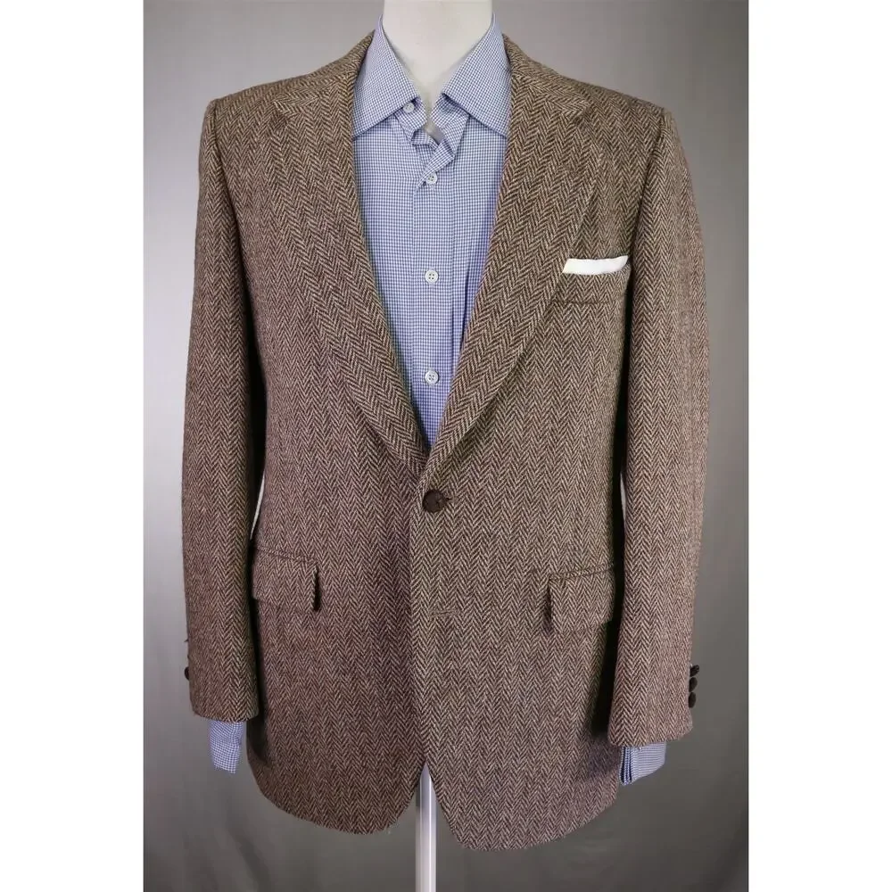 Harris Tweed Brown Herringbone Tweed 2-Btn Wool Blazer Jacket 38R